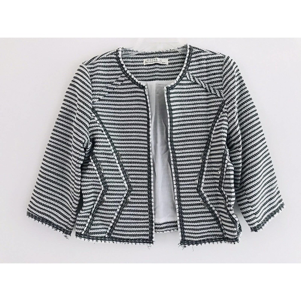 Odiva | Tweed Frayed Open Blazer Womens Size 4 Black 3/4 Sleeves Jewel Striped